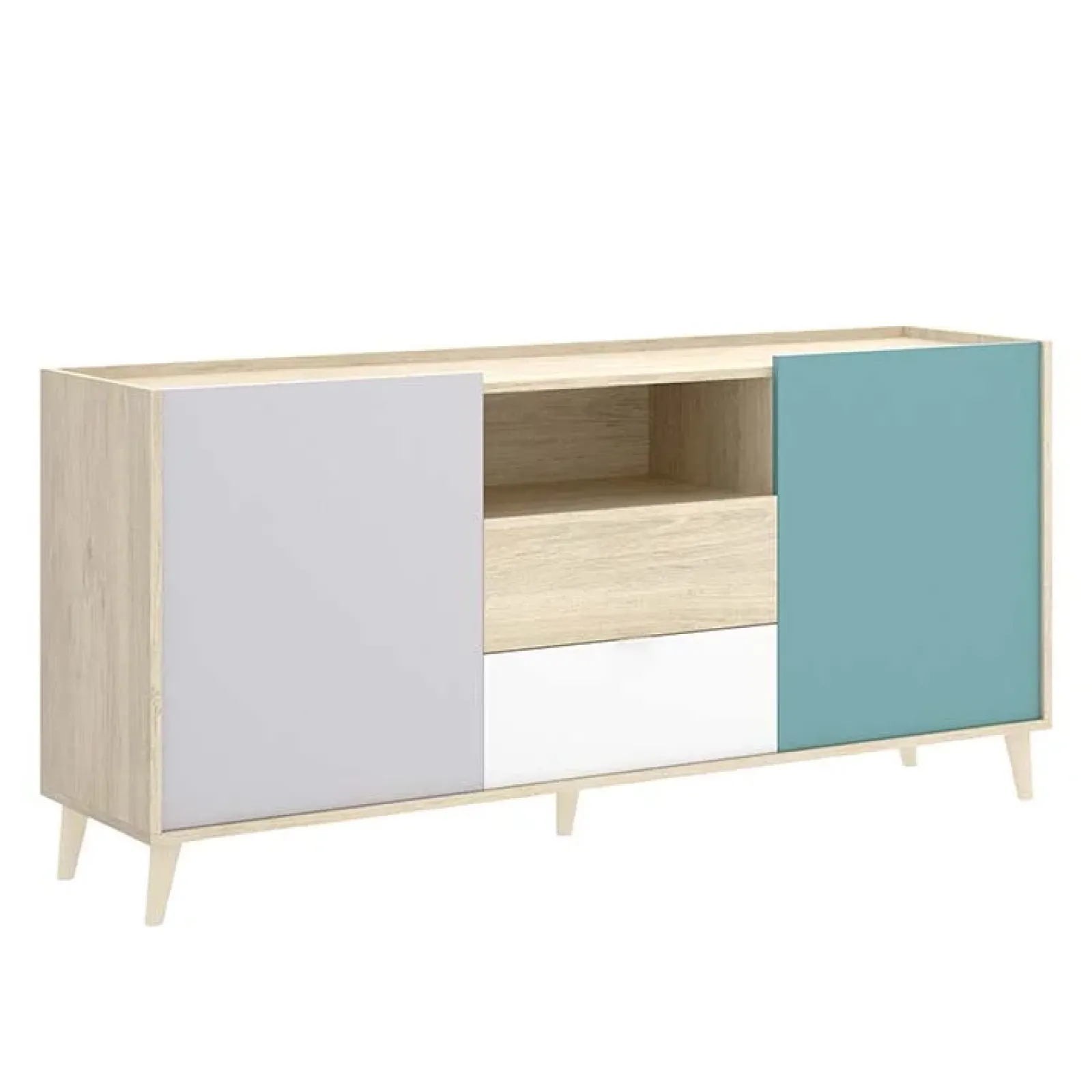 Garnero Arredamenti Credenze Moderne|Madie Moderne-Credenza 155x75h cm 2 ante 2 cassetti rovere grigio bianco petrolio Dominic