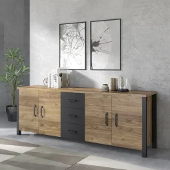 Garnero Arredamenti Credenze Moderne|Madie Moderne-Credenza 220x79h cm 4 ante 3 cassetti moderna quercia nero opaco Nebraska Rovere Rustico - Nero opaco