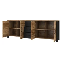 Garnero Arredamenti Credenze Moderne|Madie Moderne-Credenza 220x79h cm 4 ante 3 cassetti moderna quercia nero opaco Nebraska Rovere Rustico - Nero opaco