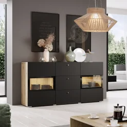 Garnero Arredamenti Credenze Moderne|Madie Moderne-Credenza 132x70h cm 2 ante 3 cassetti rovere chiaro nero Emotion Gihome® Rovere - Nero opaco
