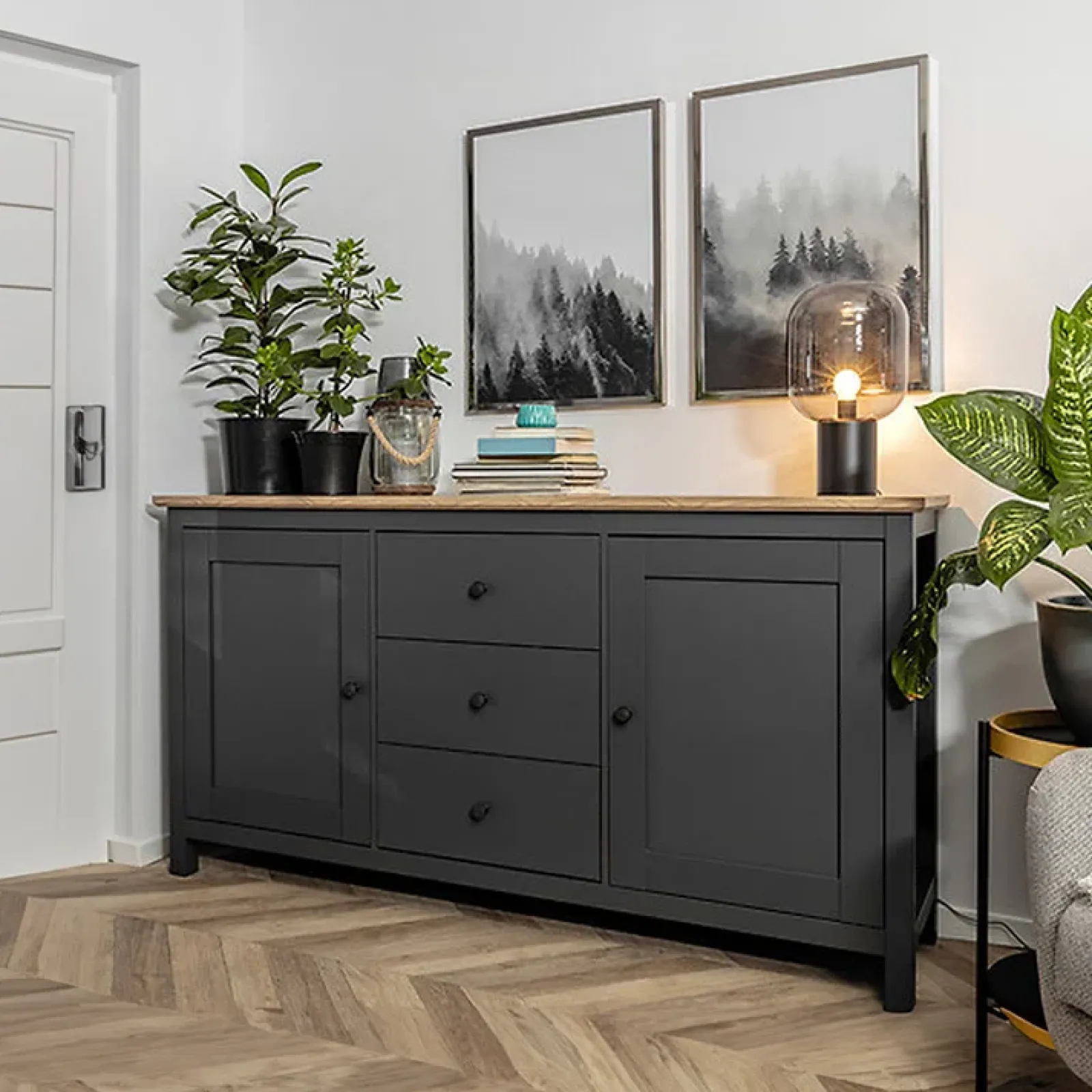 Garnero Arredamenti Credenze Moderne|Madie Moderne-Credenza 186x96h cm 2 ante 3 cassetti nero grafite rovere chiaro Holga Grafite - Rovere