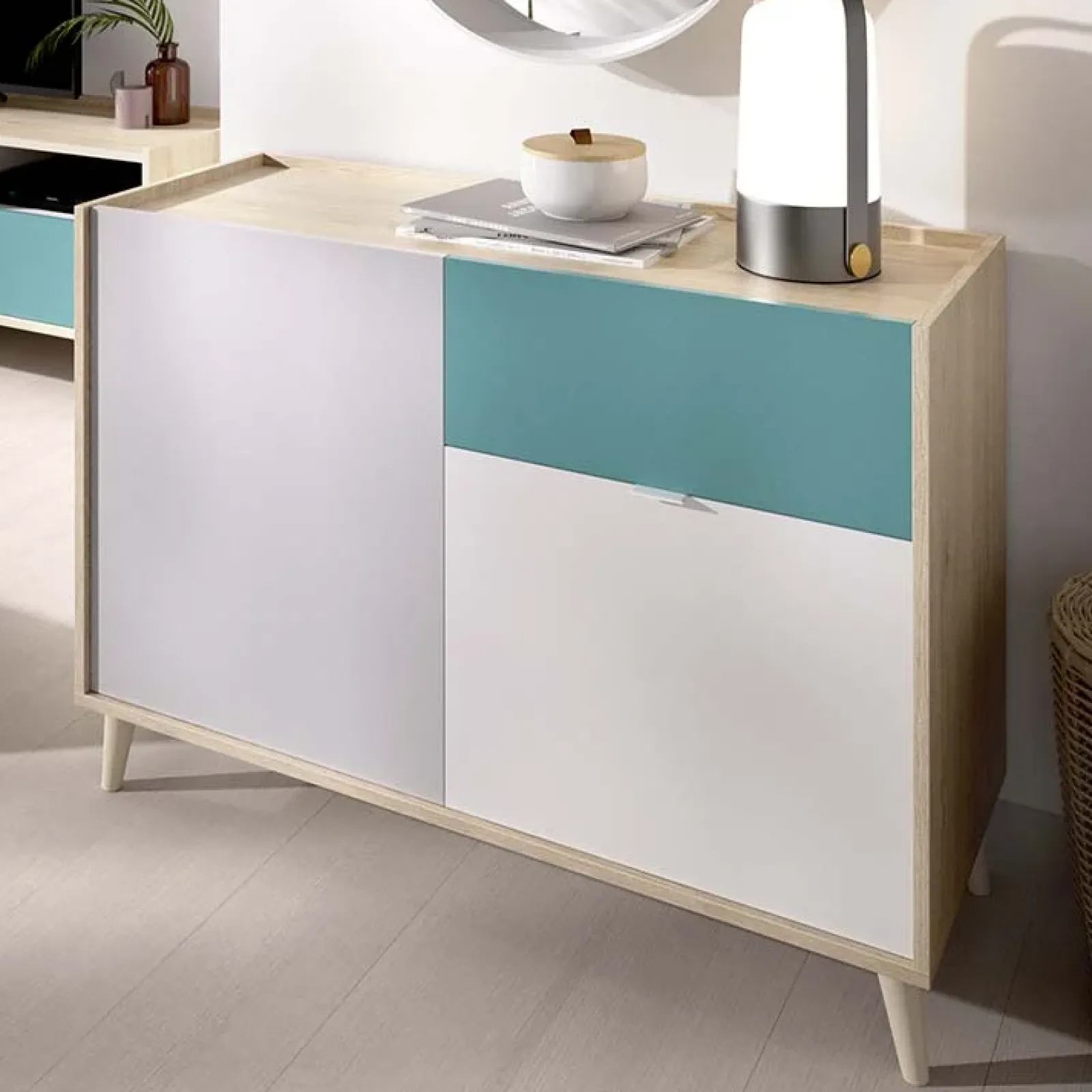 Garnero Arredamenti Credenze Moderne|Madie Moderne-Credenza 105x75h cm 2 ante 1 cassetto rovere grigio bianco petrolio Dominic