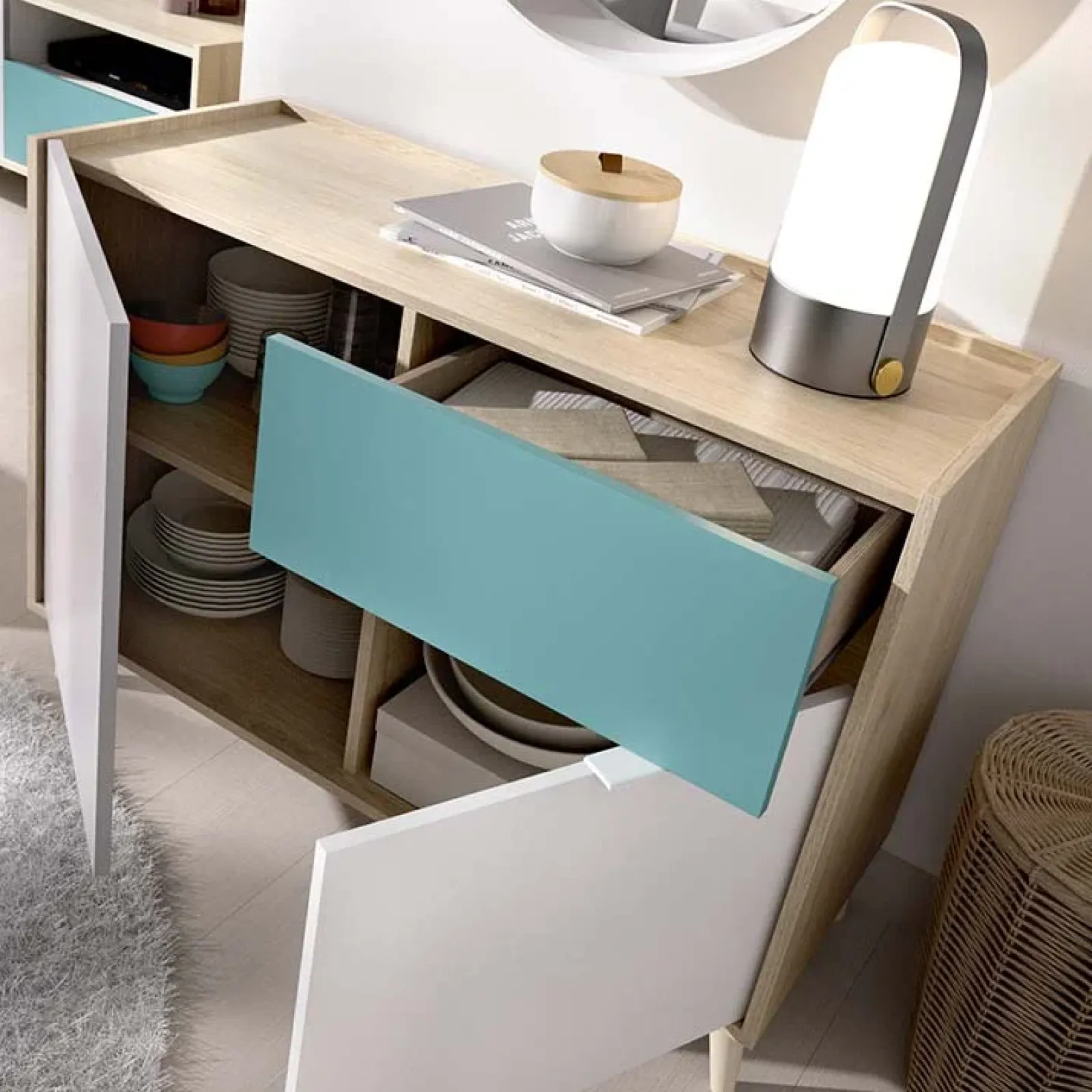 Garnero Arredamenti Credenze Moderne|Madie Moderne-Credenza 105x75h cm 2 ante 1 cassetto rovere grigio bianco petrolio Dominic