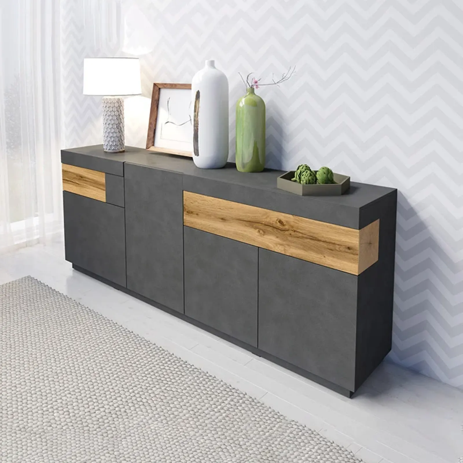Garnero Arredamenti Credenze Moderne|Madie Moderne-Credenza 219x85h cm 4 ante 2 cassetti moderna antracite rovere Bahama Antracite - Rovere Rustico