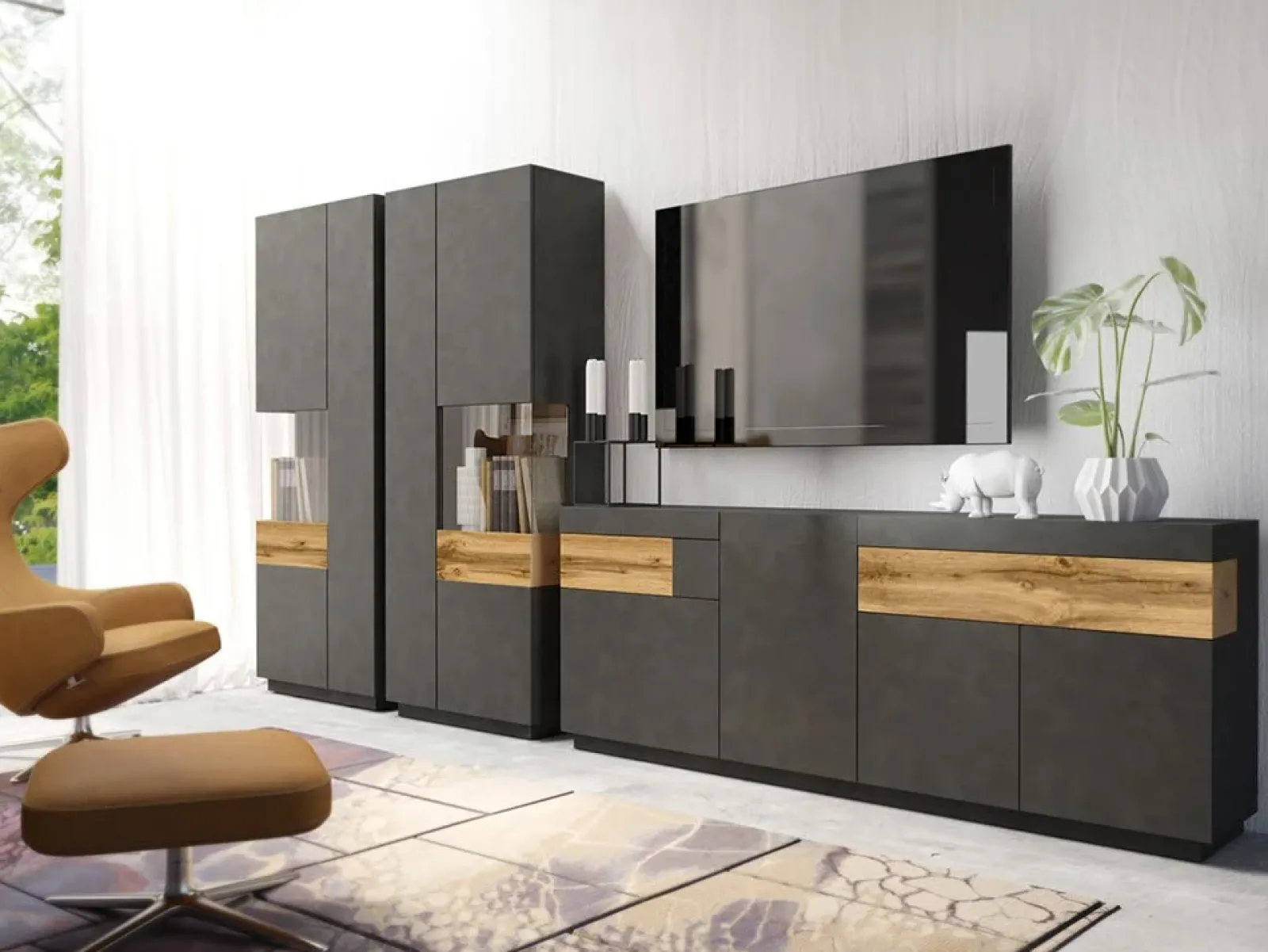 Garnero Arredamenti Credenze Moderne|Madie Moderne-Credenza 219x85h cm 4 ante 2 cassetti moderna antracite rovere Bahama Antracite - Rovere Rustico