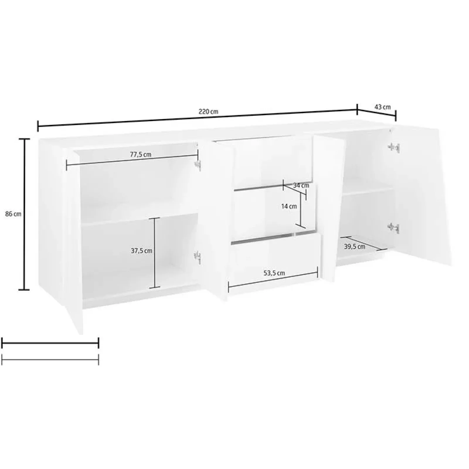 Garnero Arredamenti Credenze Moderne|Madie Moderne-Credenza 220x86h cm 4 ante 3 cassetti moderna Candia Gihome® Ossido
