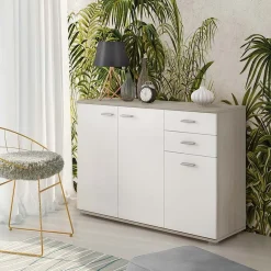 Garnero Arredamenti Credenze Moderne|Madie Moderne-Credenza 103x74h cm 3 ante 2 cassetti moderna rovere bianco Ajed