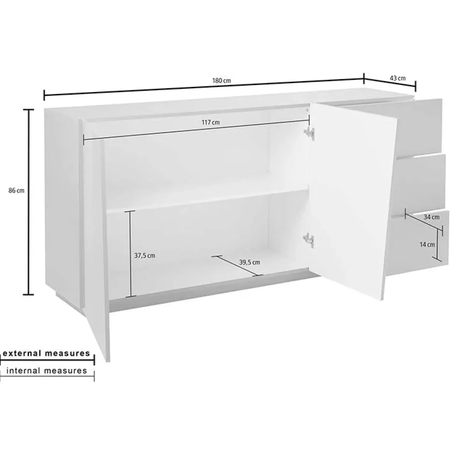 Garnero Arredamenti Credenze Moderne|Madie Moderne-Credenza 180x86h cm 2 ante 3 cassetti Candia 180 Gihome ® Ossido