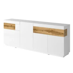 Garnero Arredamenti Credenze Moderne|Madie Moderne-Credenza 219x85h cm 4 ante 2 cassetti bianco lucido rovere Bahama Bianco Lucido - Rovere Rustico