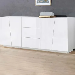 Garnero Arredamenti Credenze Moderne|Madie Moderne-Credenza 220x86h cm 4 ante 3 cassetti Candia Gihome® Bianco Lucido