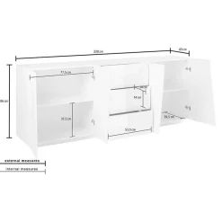 Garnero Arredamenti Credenze Moderne|Madie Moderne-Credenza 220x86h cm 4 ante 3 cassetti Candia Gihome® Bianco Lucido