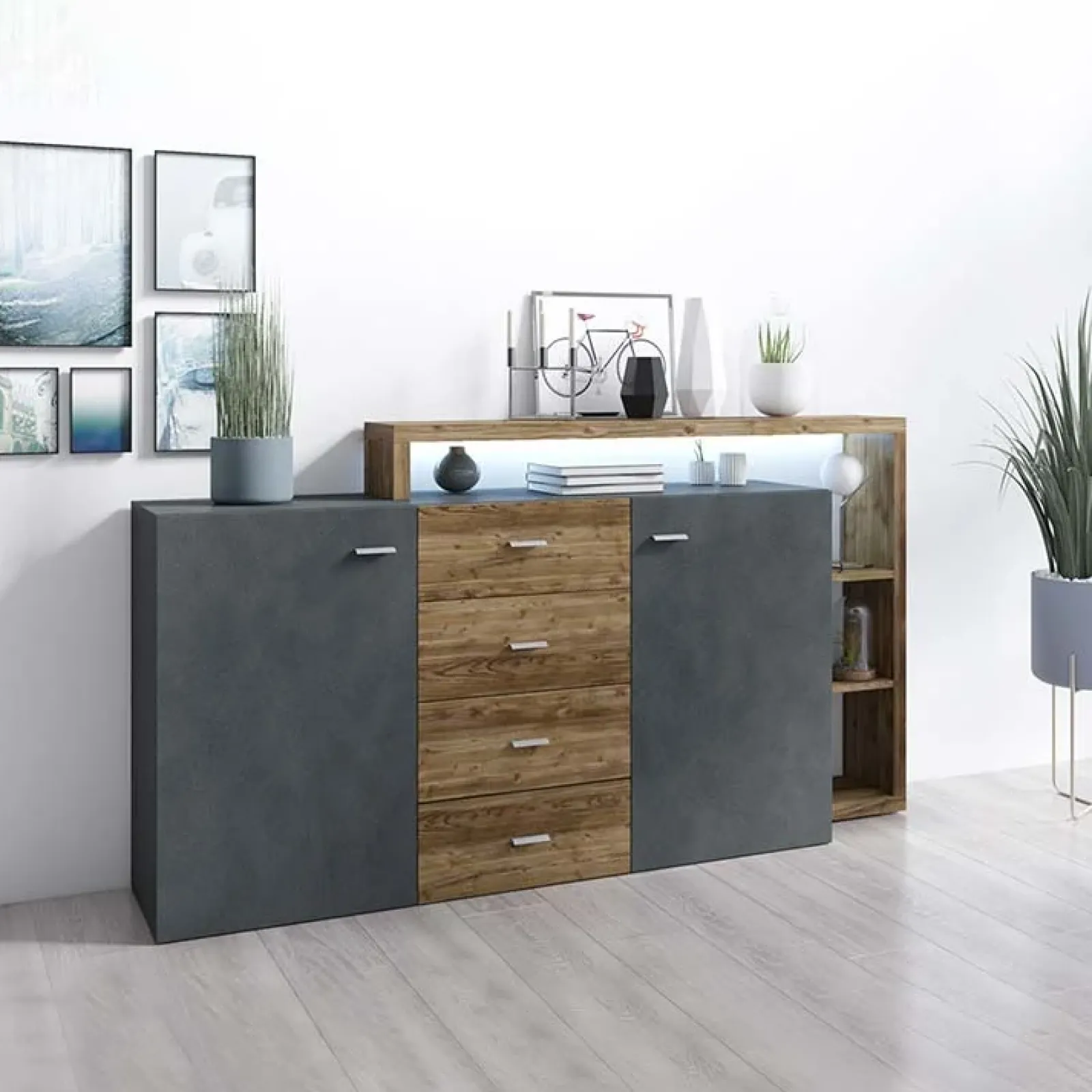 Garnero Arredamenti Credenze Moderne|Madie Moderne-Credenza 180x97h cm 2 ante 4 cassetti moderna antracite spatolato noce Megan Gihome® Noce - Antracite