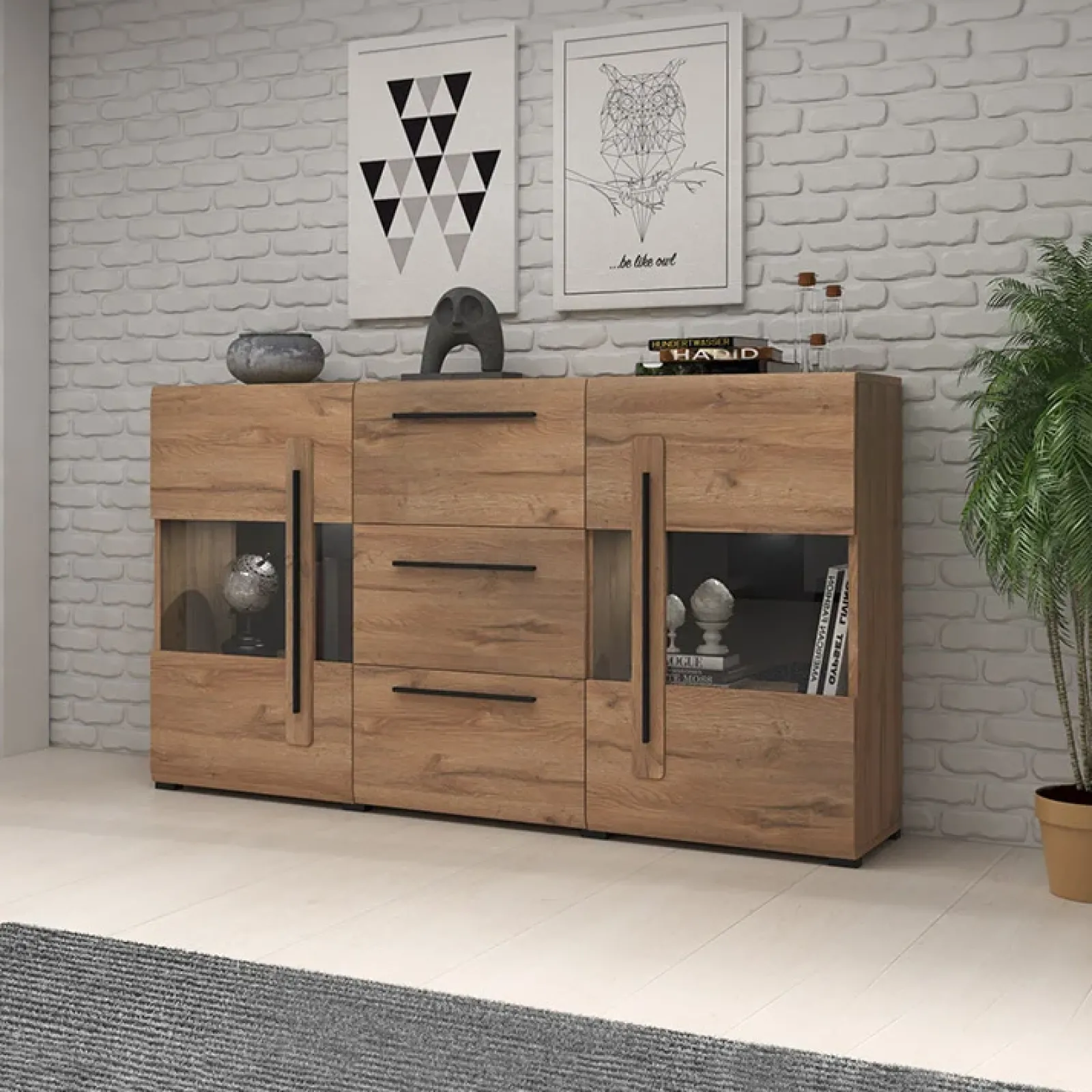 Garnero Arredamenti Credenze Moderne|Madie Moderne-Credenza 180x103h cm 2 ante 3 cassetti con vetrinetta moderna nero Maiorca Rovere