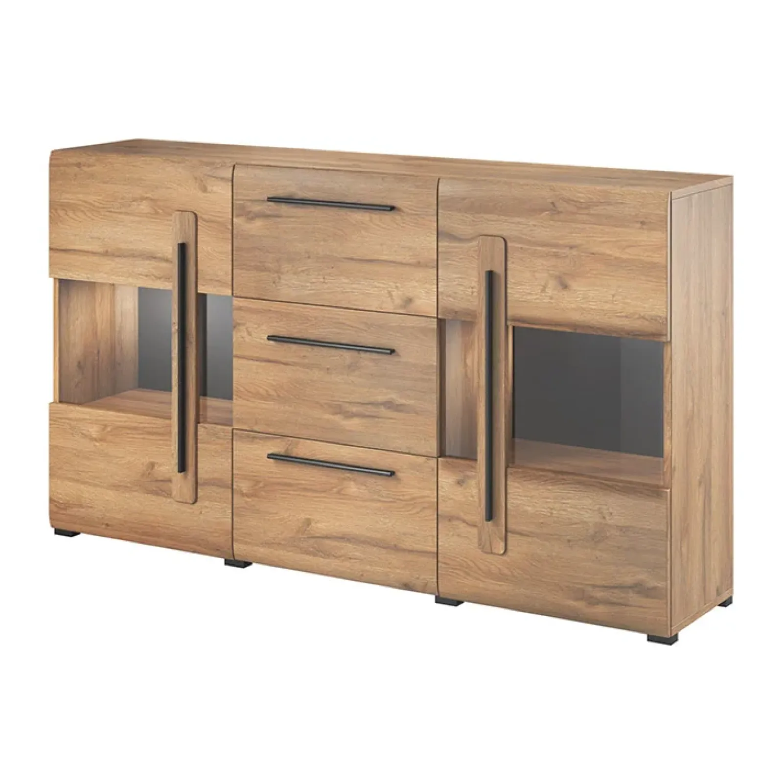Garnero Arredamenti Credenze Moderne|Madie Moderne-Credenza 180x103h cm 2 ante 3 cassetti con vetrinetta moderna nero Maiorca Rovere
