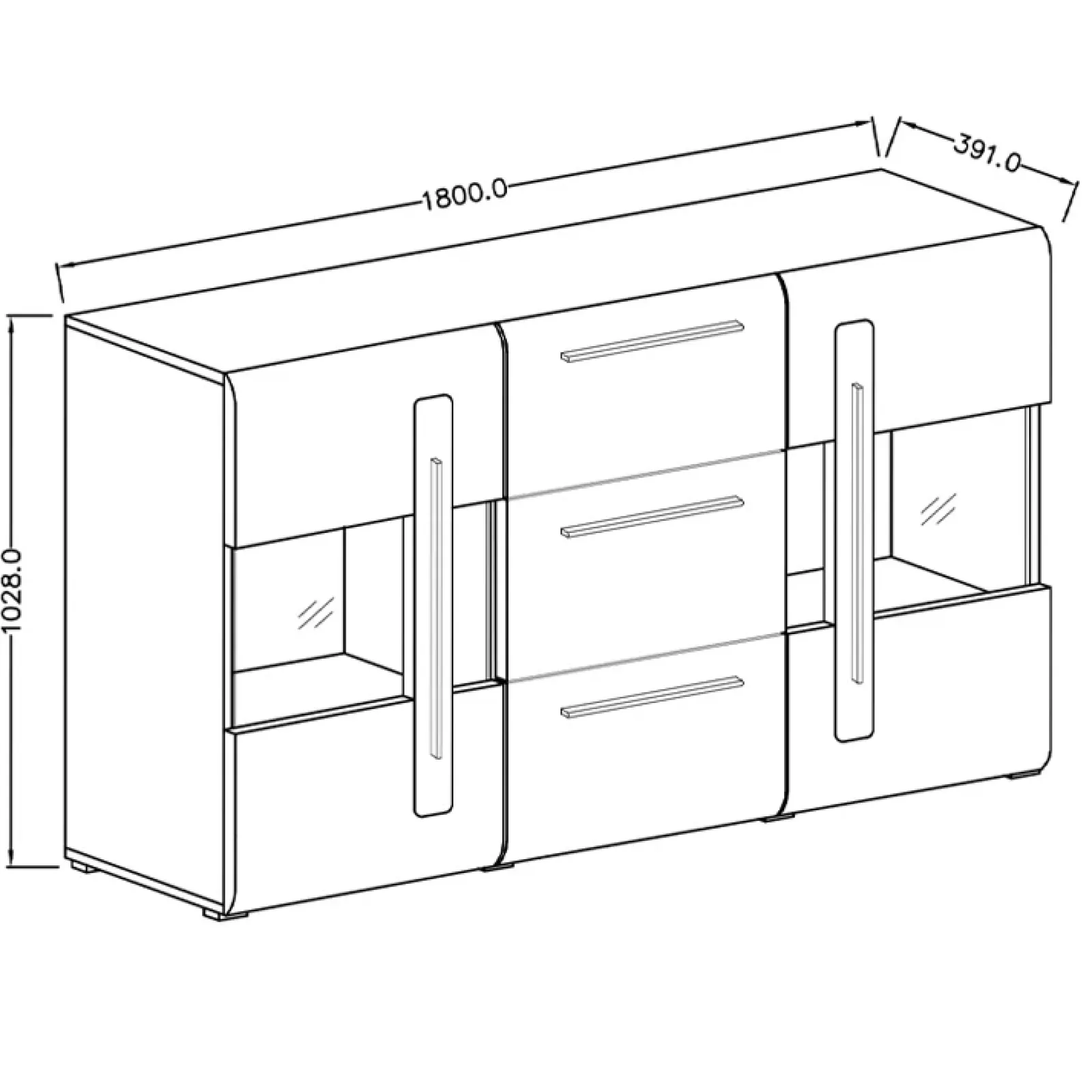 Garnero Arredamenti Credenze Moderne|Madie Moderne-Credenza 180x103h cm 2 ante 3 cassetti con vetrinetta moderna nero Maiorca Rovere