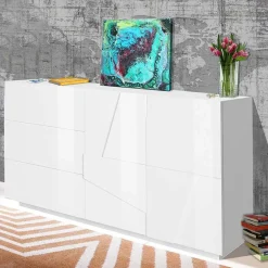 Garnero Arredamenti Credenze Moderne|Madie Moderne-Credenza 143x86h cm 2 ante 3 cassetti moderna Zenzero Gihome® Bianco Lucido