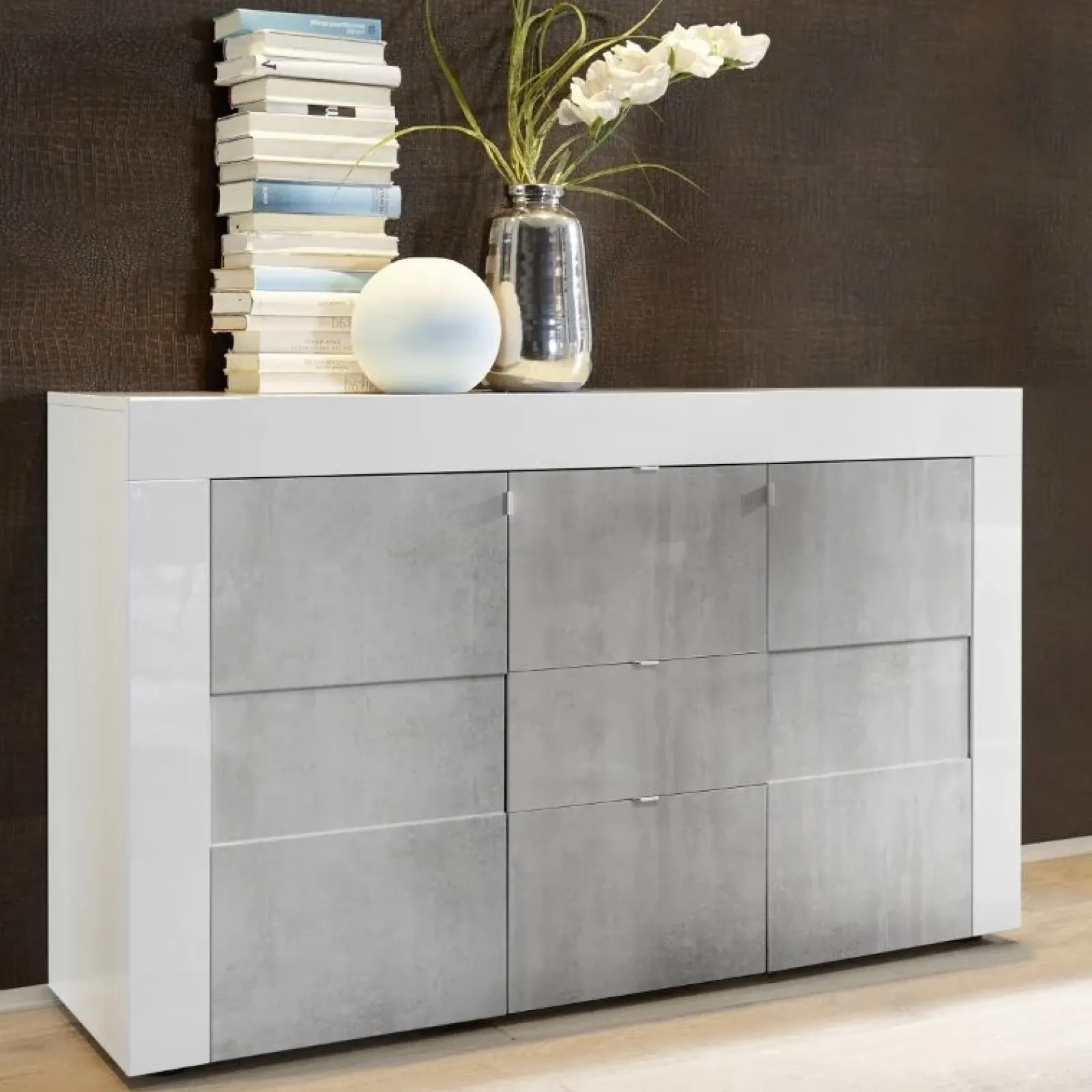 Garnero Arredamenti Credenze Moderne|Madie Moderne-Credenza 138x84h cm 2 ante 3 cassetti bianco e cemento Easy