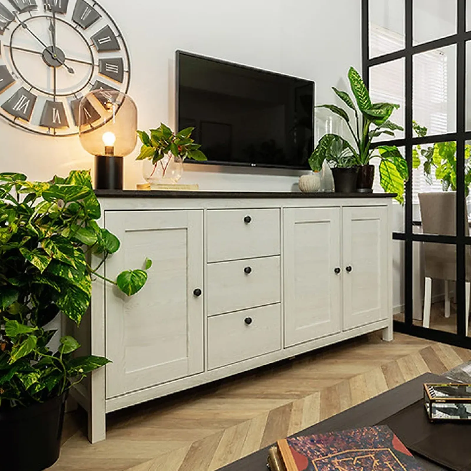 Garnero Arredamenti Credenze Moderne|Madie Moderne-Credenza 199x96h cm 3 ante 3 cassetti arte povera pino bianco frassinato grafite Holga Bianco Frassinato - Grafite