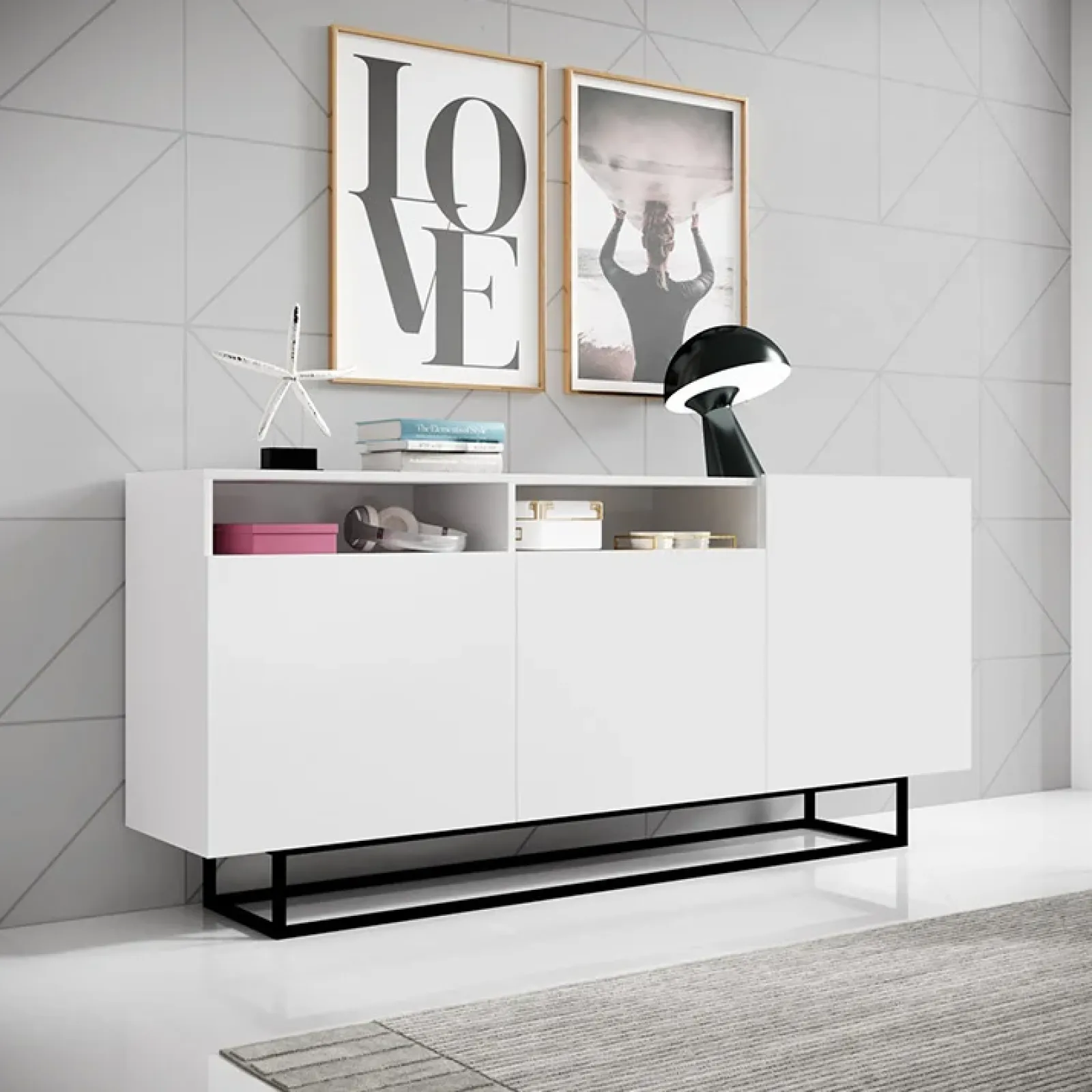 Garnero Arredamenti Credenze Moderne|Madie Moderne-Credenza 180x80h cm 3 ante 2 vani moderna bianco nero Erice Gihome® Bianco Opaco