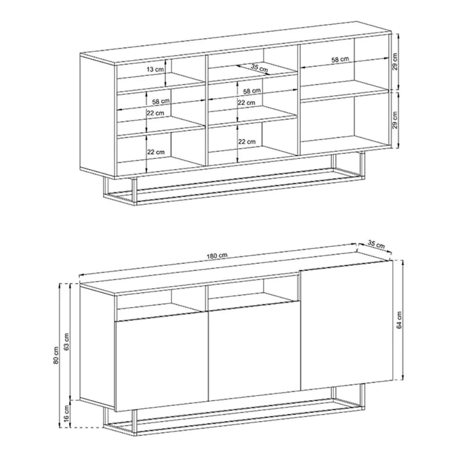 Garnero Arredamenti Credenze Moderne|Madie Moderne-Credenza 180x80h cm 3 ante 2 vani moderna bianco nero Erice Gihome® Bianco Opaco