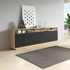 Garnero Arredamenti Credenze Moderne|Madie Moderne-Credenza 238x75h cm 4 ante 4 vani a giorno moderna nero opaco rovere Esmond
