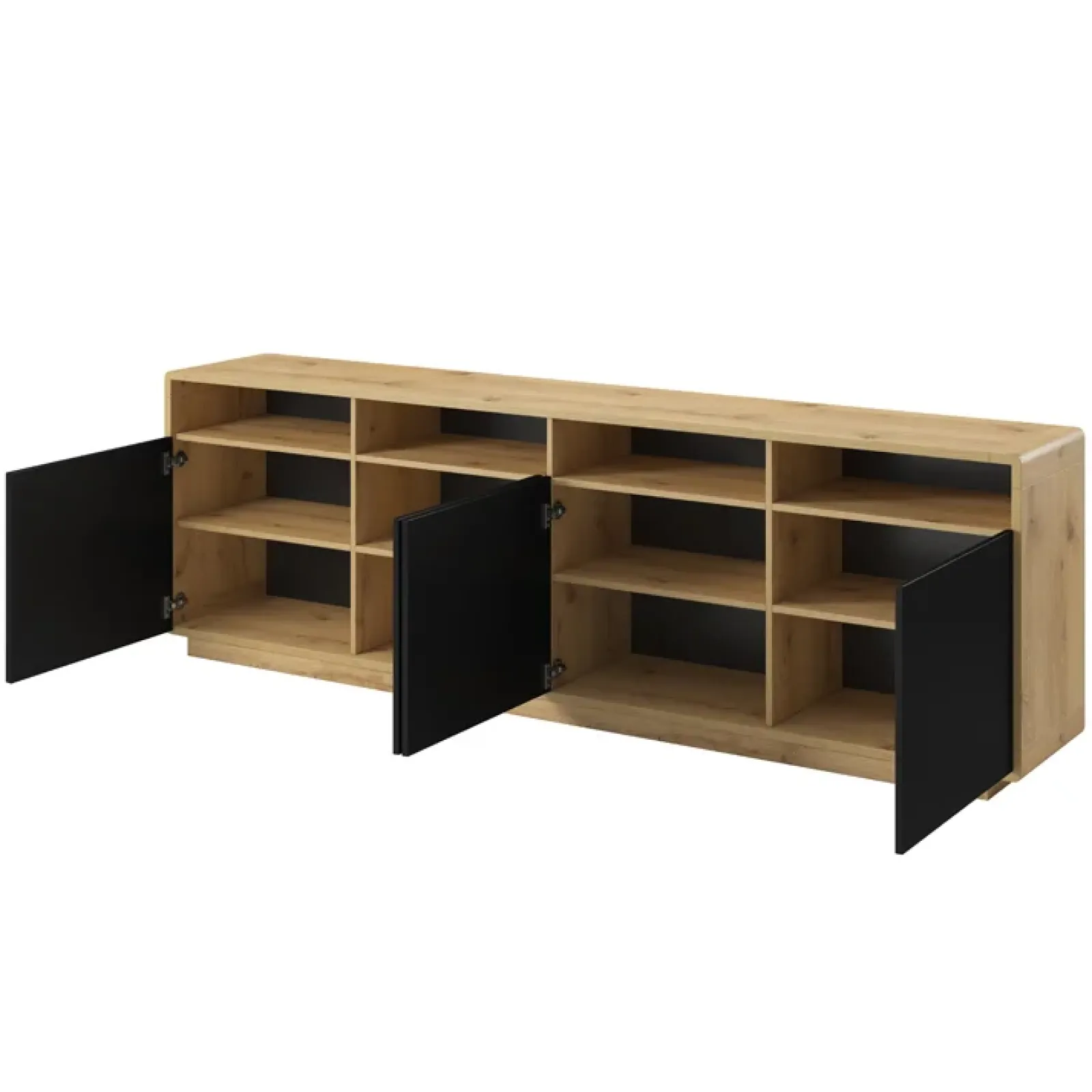 Garnero Arredamenti Credenze Moderne|Madie Moderne-Credenza 238x75h cm 4 ante 4 vani a giorno moderna nero opaco rovere Esmond