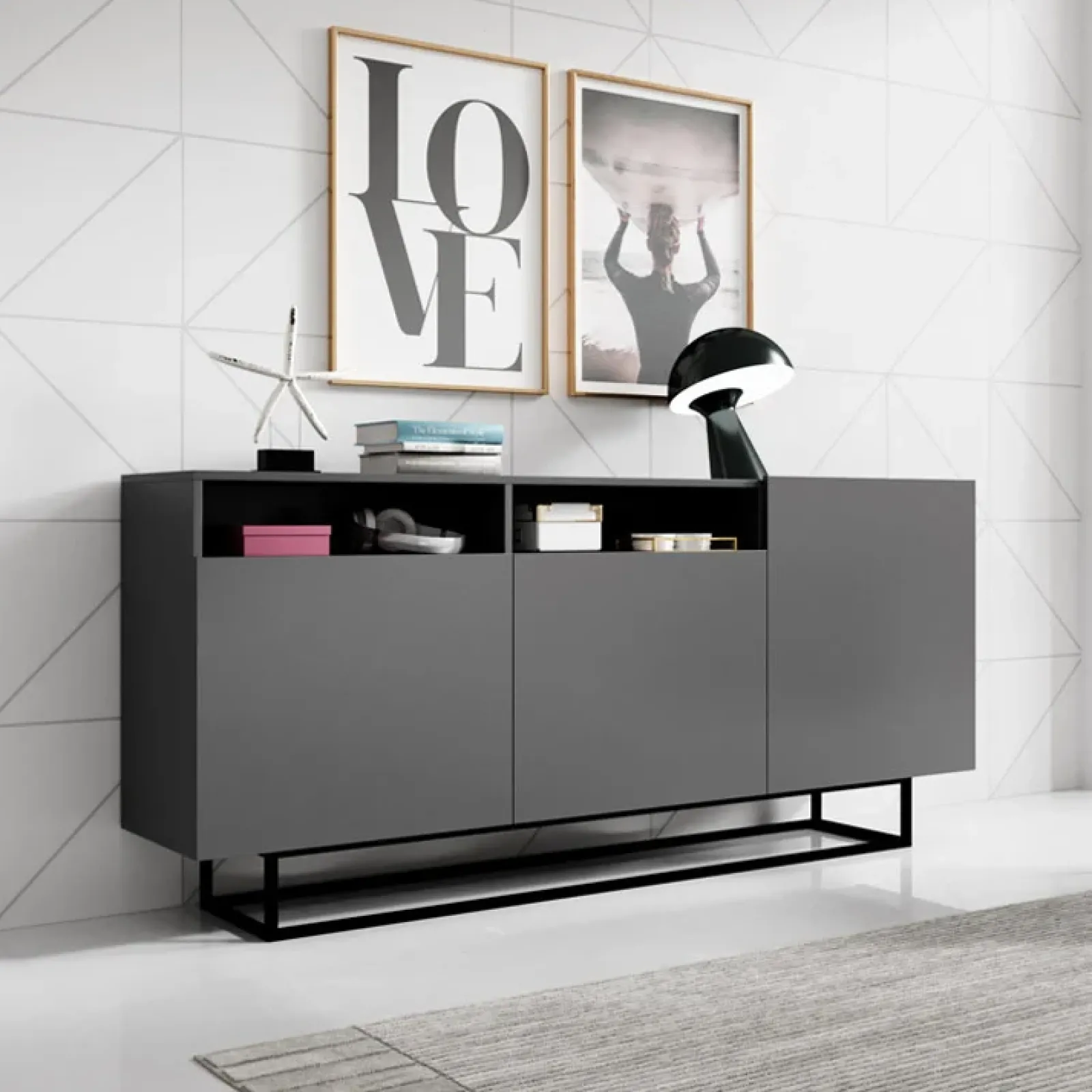 Garnero Arredamenti Credenze Moderne|Madie Moderne-Credenza 180x80h cm 3 ante 2 vani moderna nero Erice Gihome® Antracite