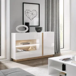 Garnero Arredamenti Credenze Moderne|Madie Moderne-Credenza 138x91h cm 3 ante con vetrina moderna bianco rovere Noa Gihome® Bianco Lucido - Rovere