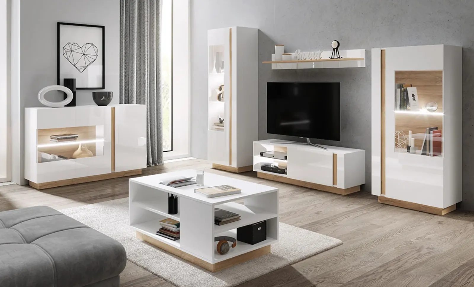 Garnero Arredamenti Credenze Moderne|Madie Moderne-Credenza 138x91h cm 3 ante con vetrina moderna bianco rovere Noa Gihome® Bianco Lucido - Rovere