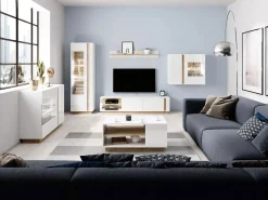 Garnero Arredamenti Credenze Moderne|Madie Moderne-Credenza 138x91h cm 3 ante con vetrina moderna bianco rovere Noa Gihome® Bianco Lucido - Rovere