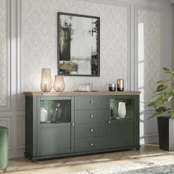 Garnero Arredamenti Credenze Moderne|Madie Moderne-Credenza 181x93h cm 2 ante con vetrinetta 4 cassetti verde quercia Texel