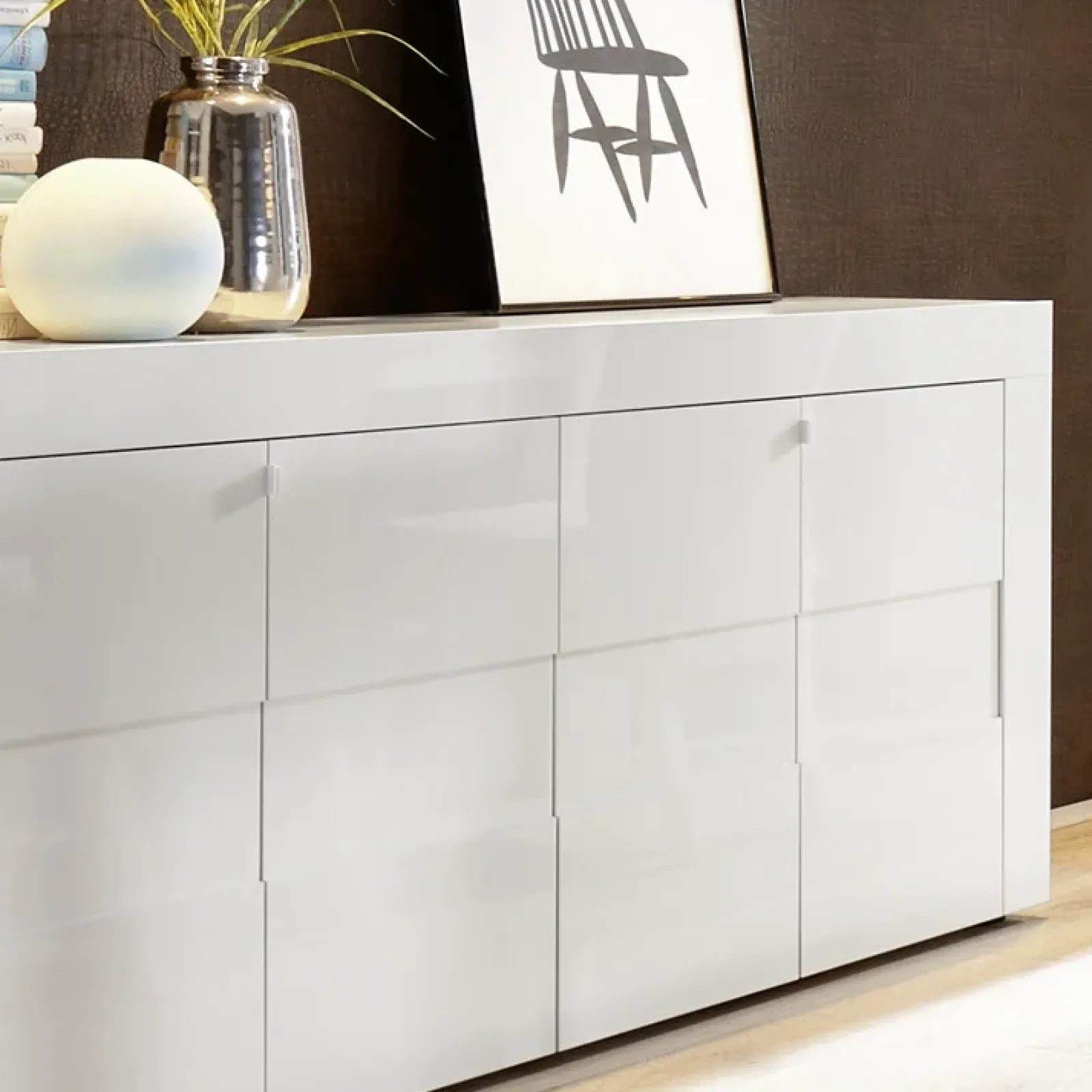 Garnero Arredamenti Credenze Moderne|Madie Moderne-Credenza 181x84h cm 4 ante moderna bianco laccato lucido Easy