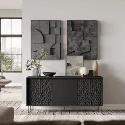 Garnero Arredamenti Credenze Moderne-Credenza 155x73h cm 3 ante moderna soggiorno nero oro Osaka