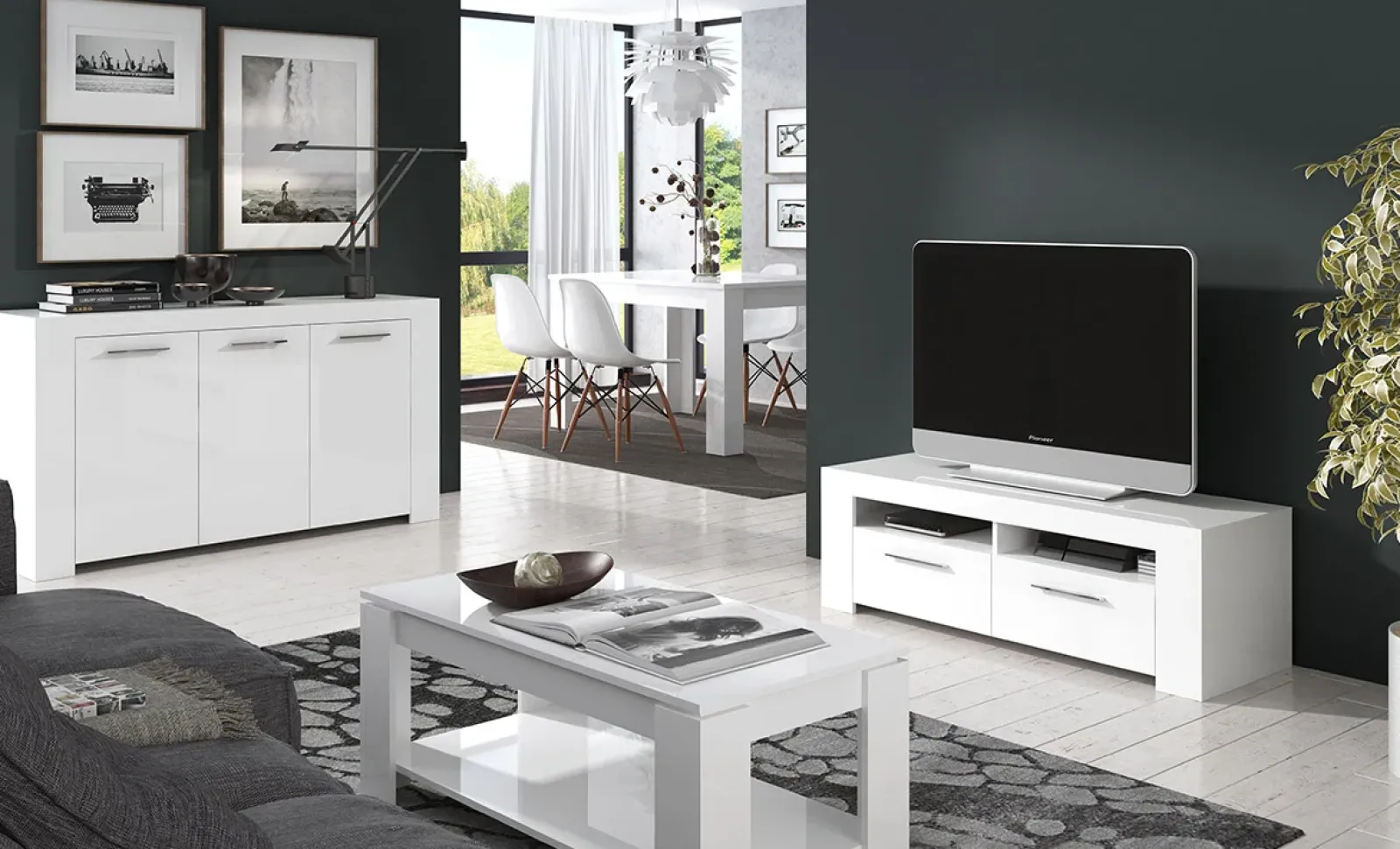 Garnero Arredamenti Credenze Moderne|Madie Moderne-Credenza 144x80h cm 3 ante moderna soggiorno bianco opaco Creta