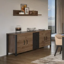 Garnero Arredamenti Credenze Moderne|Madie Moderne-Credenza 220x79h cm 4 ante moderna rovere scuro nero Nebraska Noce - Nero opaco