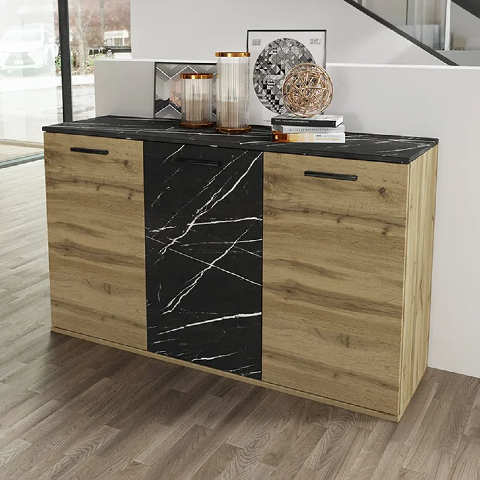 Garnero Arredamenti Credenze Moderne|Madie Moderne-Credenza 138x76h cm 3 ante moderna rovere grigio effetto marmo Rabat