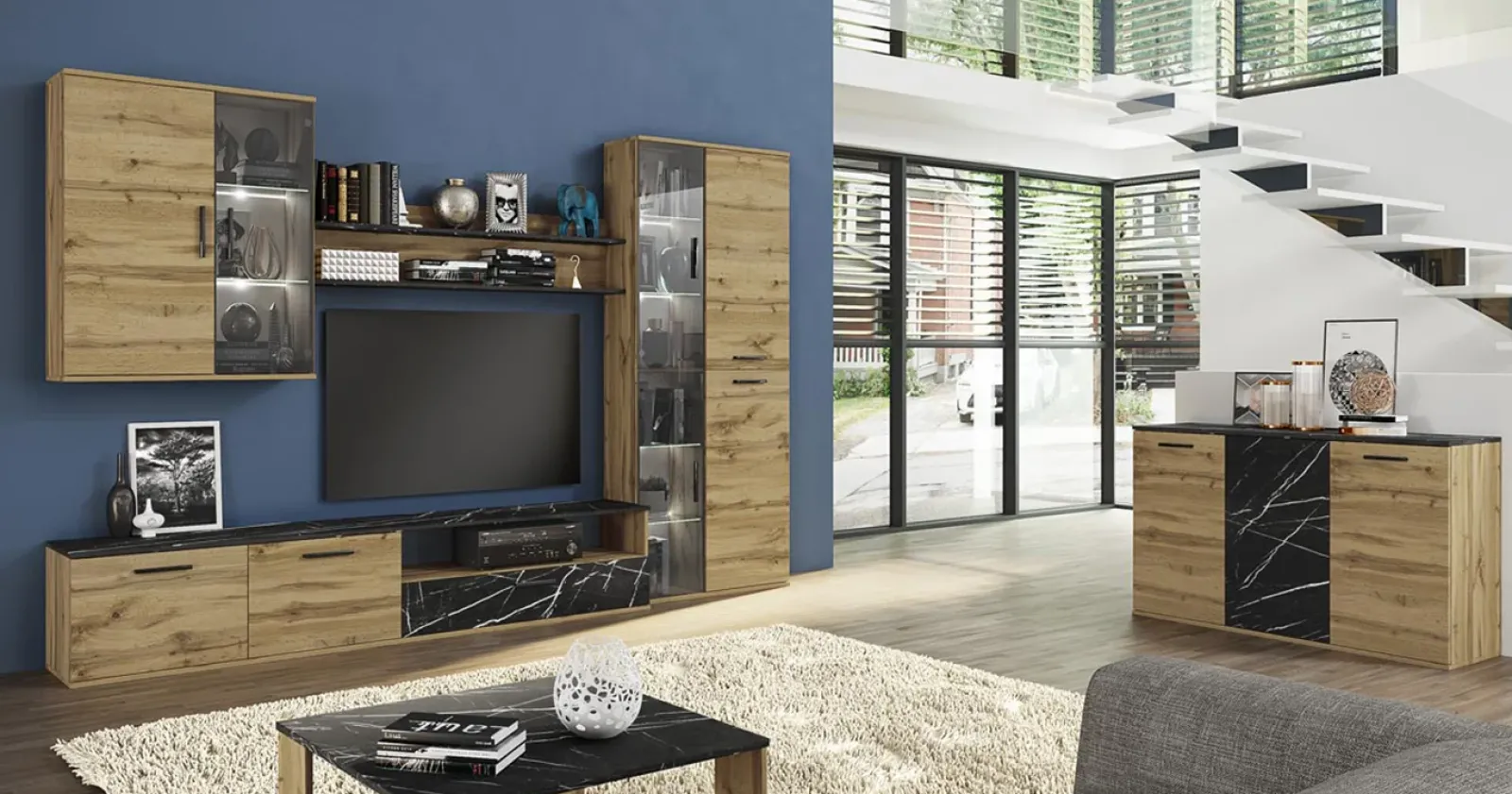 Garnero Arredamenti Credenze Moderne|Madie Moderne-Credenza 138x76h cm 3 ante moderna rovere grigio effetto marmo Rabat