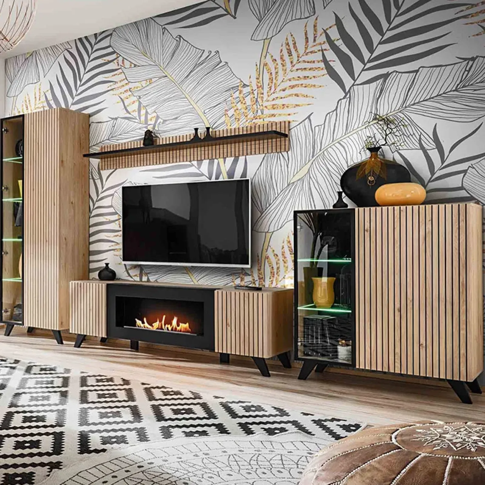 Garnero Arredamenti Credenze Moderne|Madie Moderne-Credenza 90x102h cm 2 ante moderna noce con stampa nera Mendes