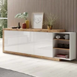 Garnero Arredamenti Credenze Moderne|Madie Moderne-Credenza 220x86h cm 3 ante moderna bianco lucido rovereAria
