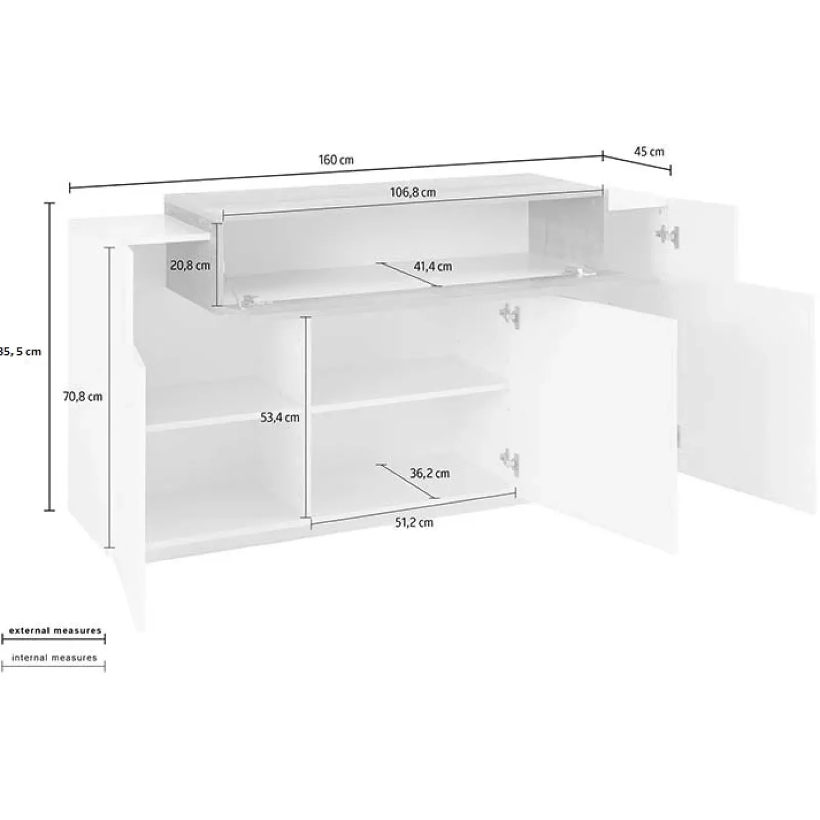 Garnero Arredamenti Credenze Moderne|Madie Moderne-Credenza 160x86h cm 3 ante moderna bianco pero Milos Gihome® Bianco Lucido - Rovere Rustico
