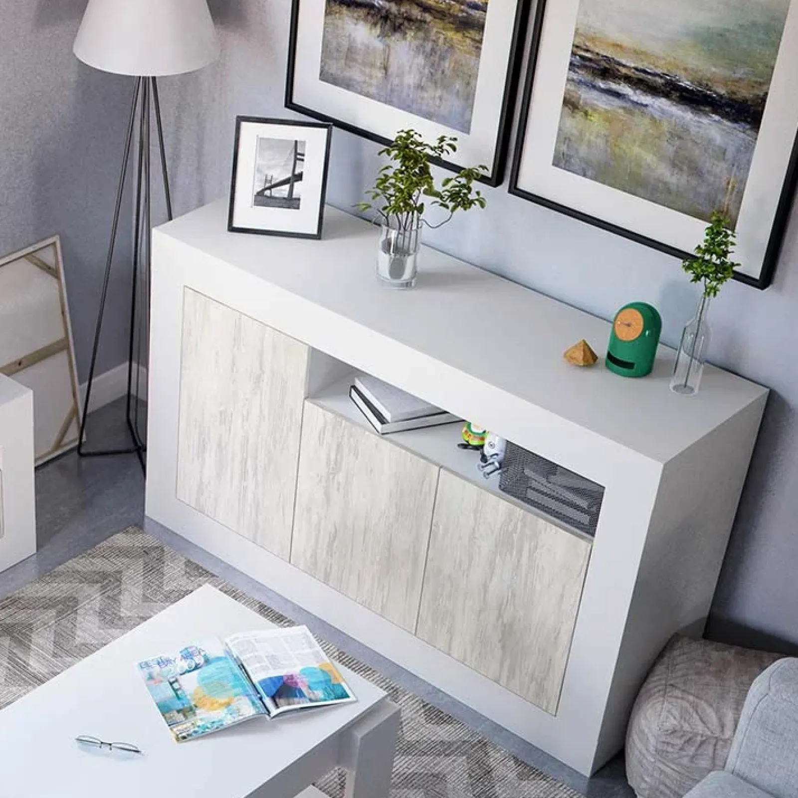 Garnero Arredamenti Credenze Moderne|Madie Moderne-Credenza 144x87h cm 3 ante moderna soggiorno bianco artico Atene