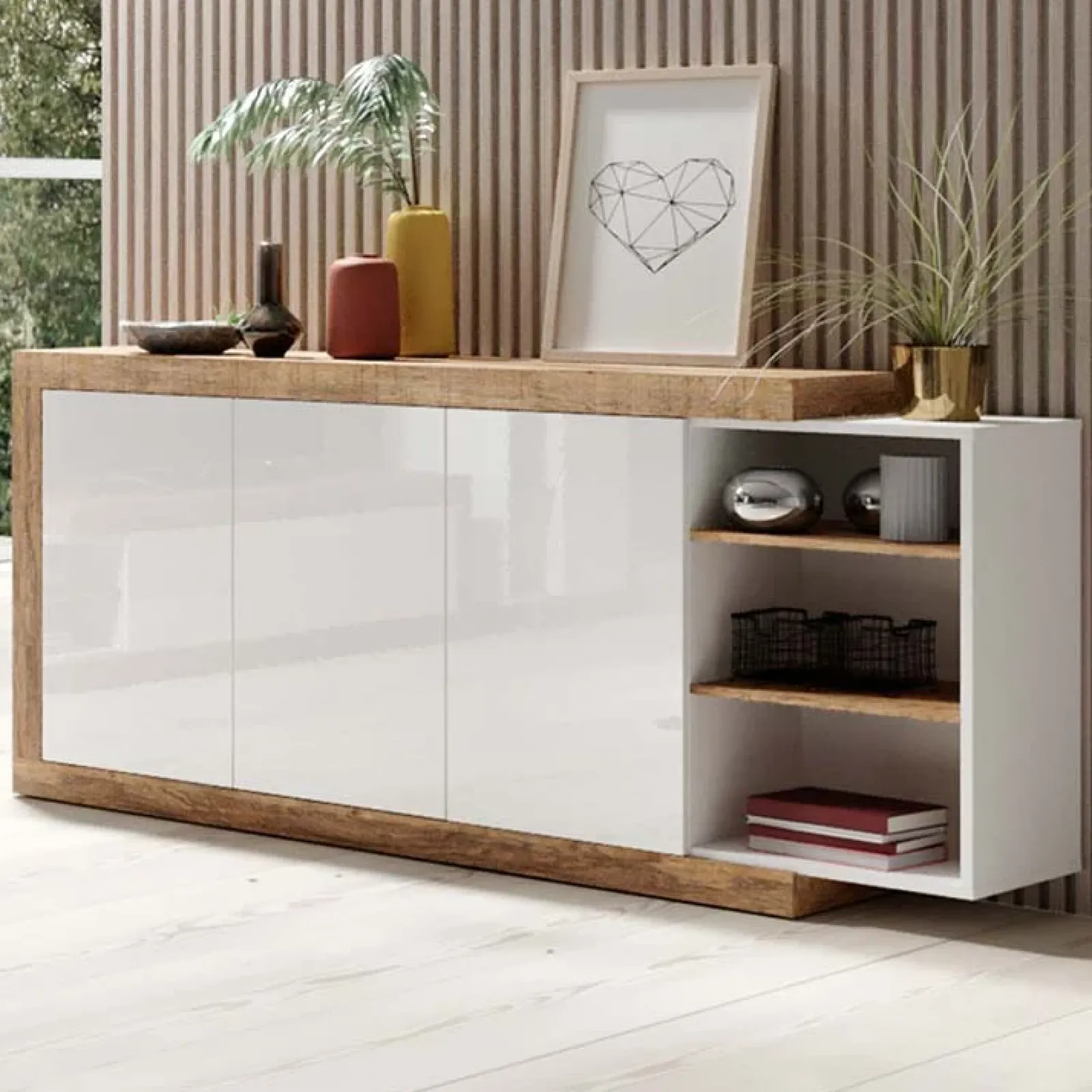 Garnero Arredamenti Credenze Moderne|Madie Moderne-Credenza 180x86h cm 3 ante moderna bianco lucido rovere Aria