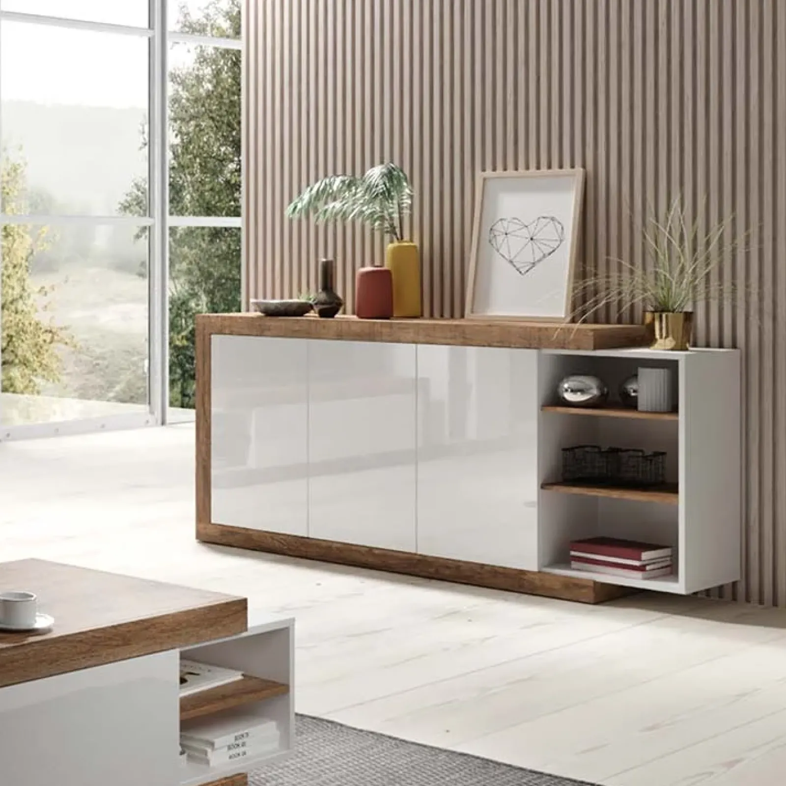 Garnero Arredamenti Credenze Moderne|Madie Moderne-Credenza 180x86h cm 3 ante moderna bianco lucido rovere Aria