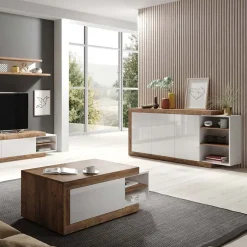 Garnero Arredamenti Credenze Moderne|Madie Moderne-Credenza 180x86h cm 3 ante moderna bianco lucido rovere Aria