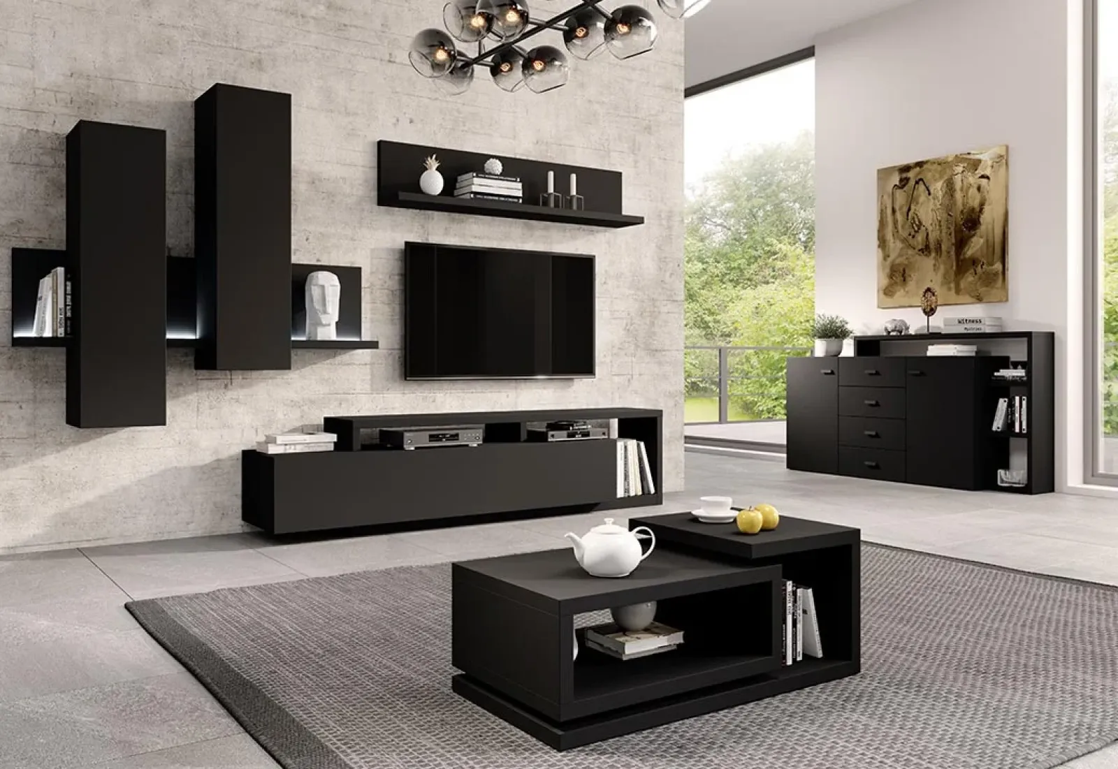 Garnero Arredamenti Credenze Moderne|Madie Moderne-Credenza 180x97h cm 2 ante soggiorno Megan Gihome® Nero Opaco