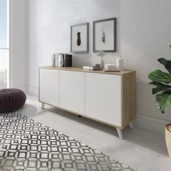 Garnero Arredamenti Credenze Moderne-Credenza 154x72h cm 3 ante soggiorno rovere bianco frassinato Divine Bianco Frassinato - Rovere