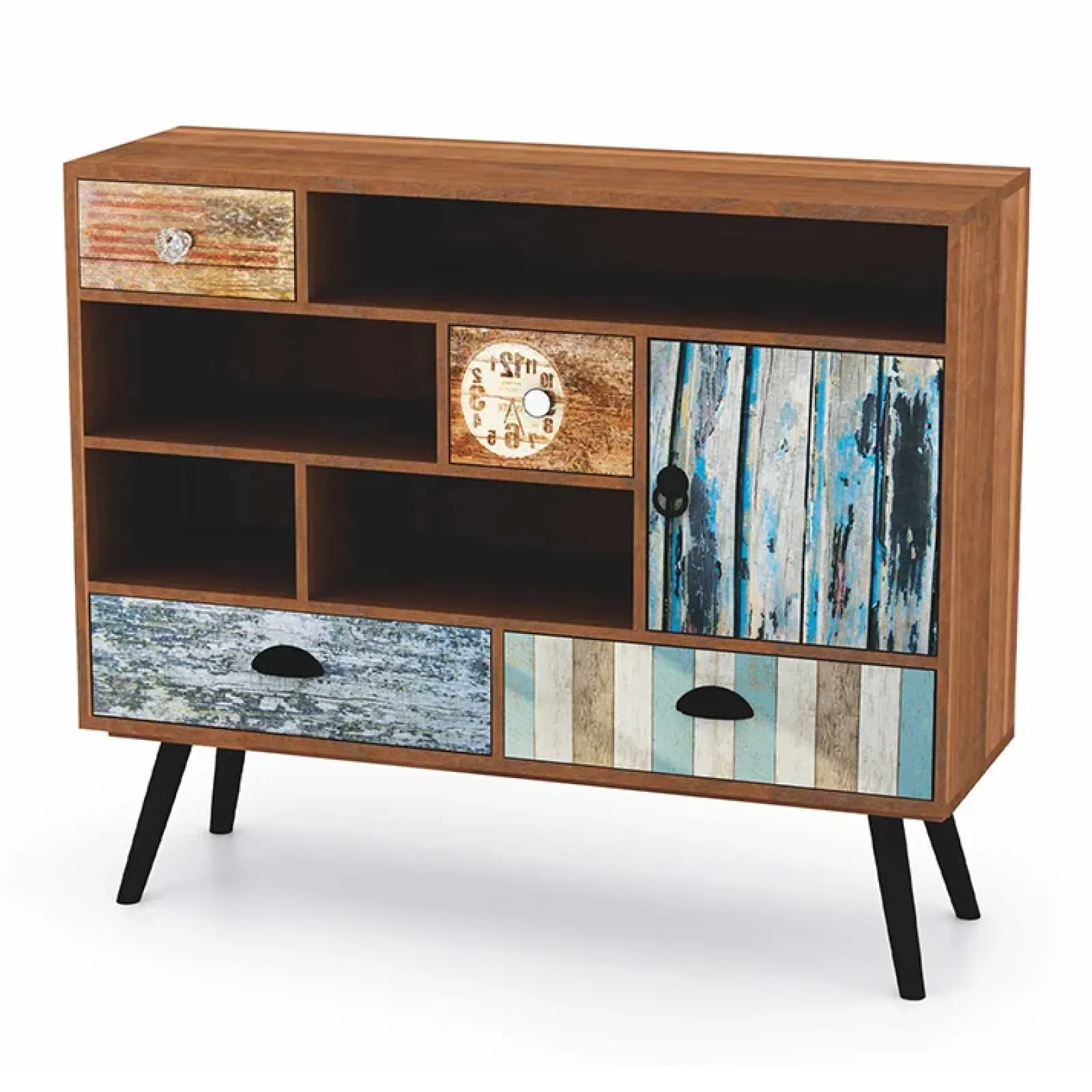Garnero Arredamenti Mobili Arte Povera-Credenza 93x80h cm con cassetti vintage industrial legno acciaio con stampe nero Kabul