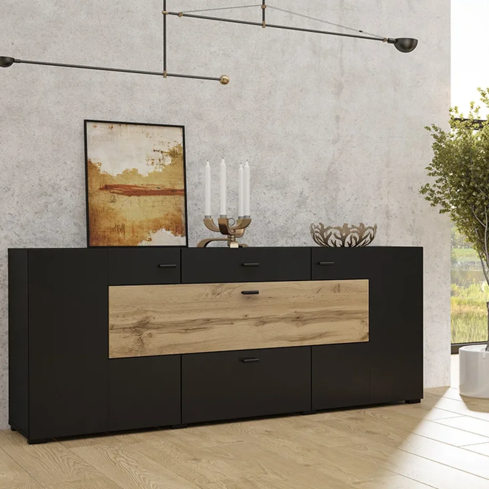 Garnero Arredamenti Credenze Moderne|Madie Moderne-Credenza 165x71h cm moderna nero rovere chiaro Maserati Rovere - Nero opaco