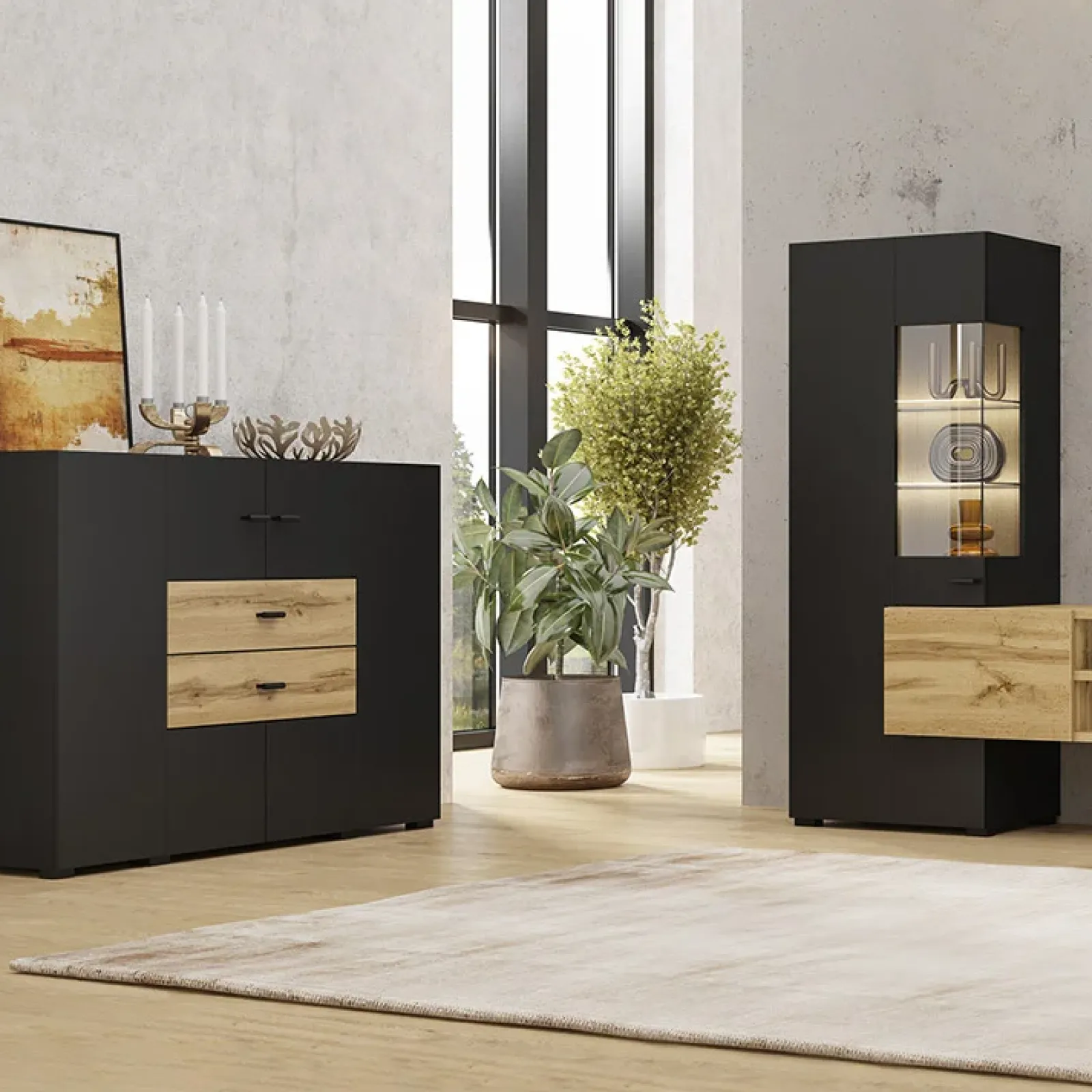 Garnero Arredamenti Credenze Moderne|Madie Moderne-Credenza 165x71h cm moderna nero rovere chiaro Maserati Rovere - Nero opaco