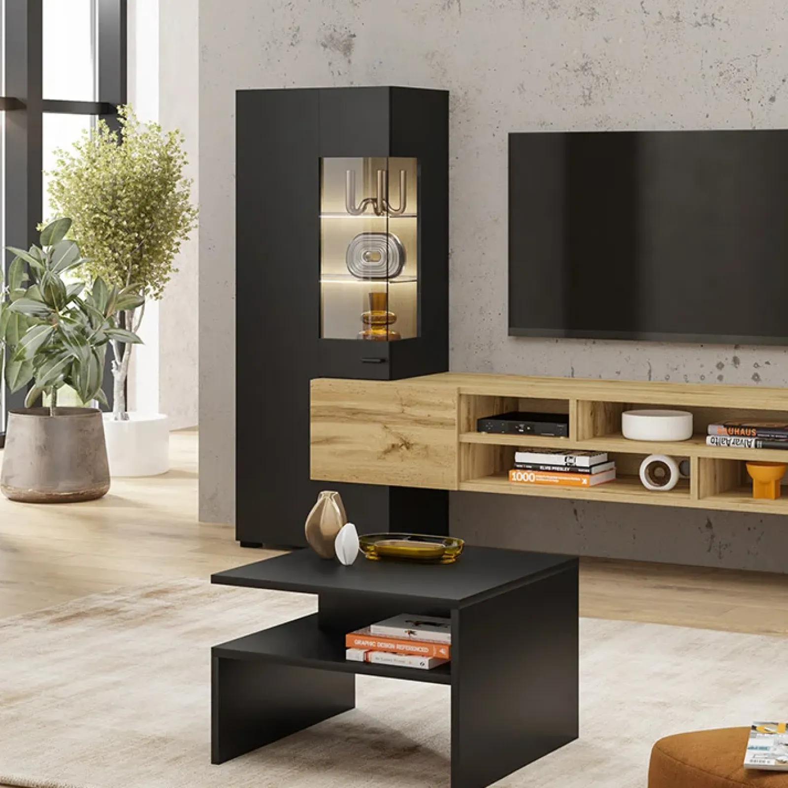 Garnero Arredamenti Credenze Moderne|Madie Moderne-Credenza 165x71h cm moderna nero rovere chiaro Maserati Rovere - Nero opaco